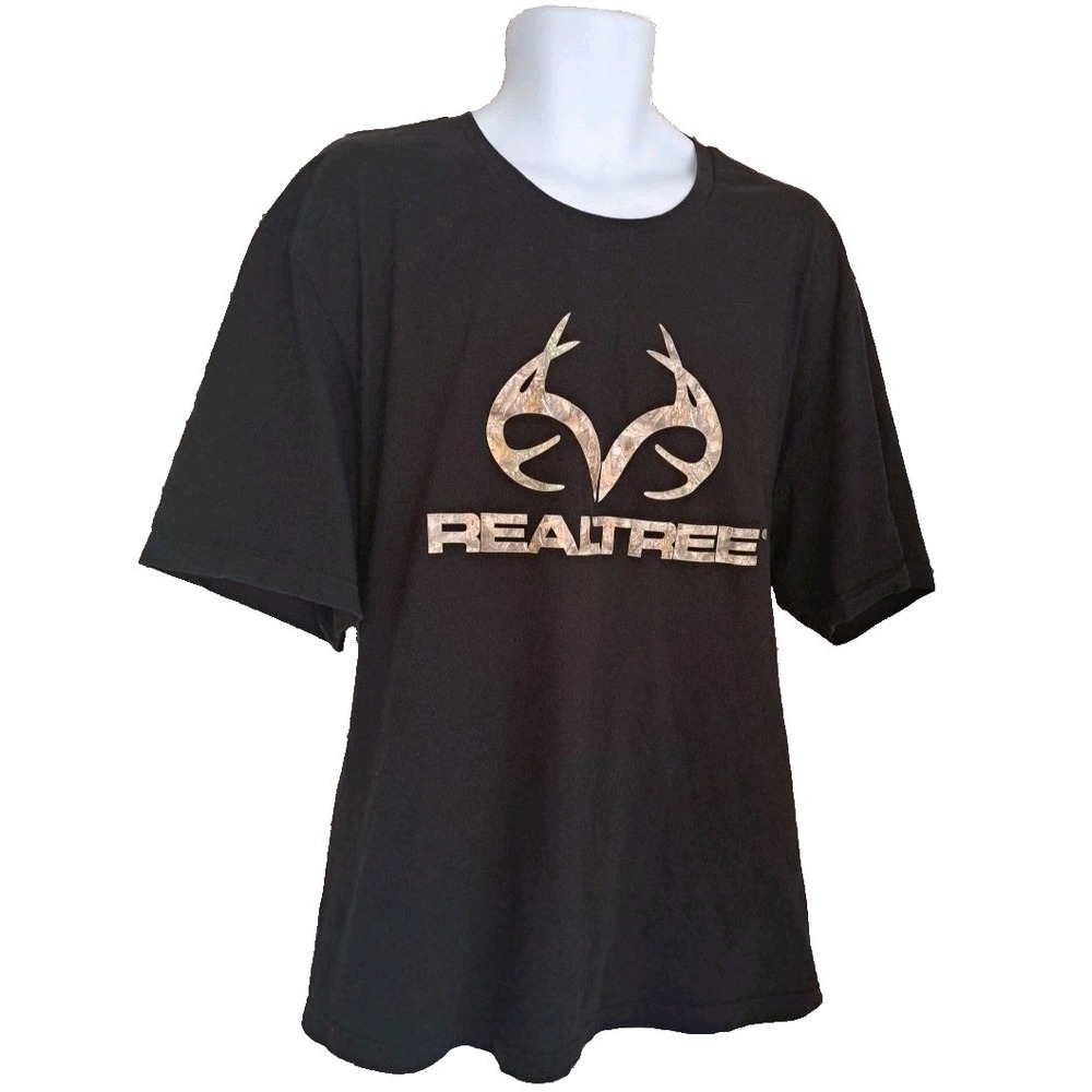 Realtree Tee Shirt 4X Black w/ Camo Logo Short Sleeve 100% Cotton Hunting Casual